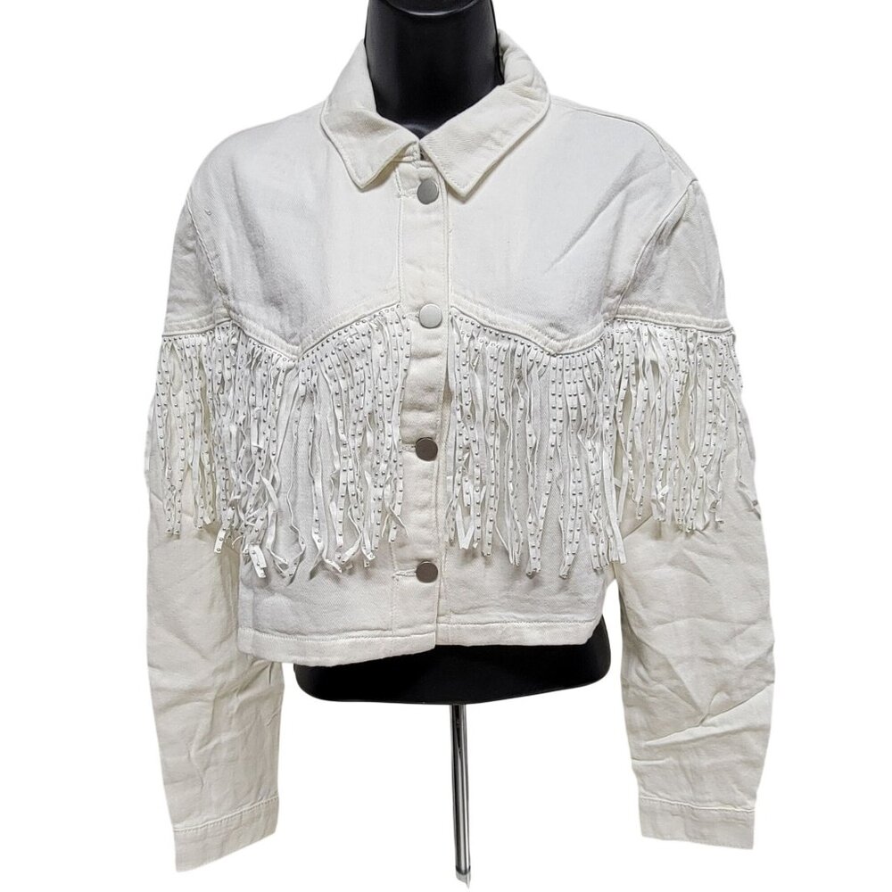 Baevley Ivory Denim Fringe Diva Sparkle Jacket Size M